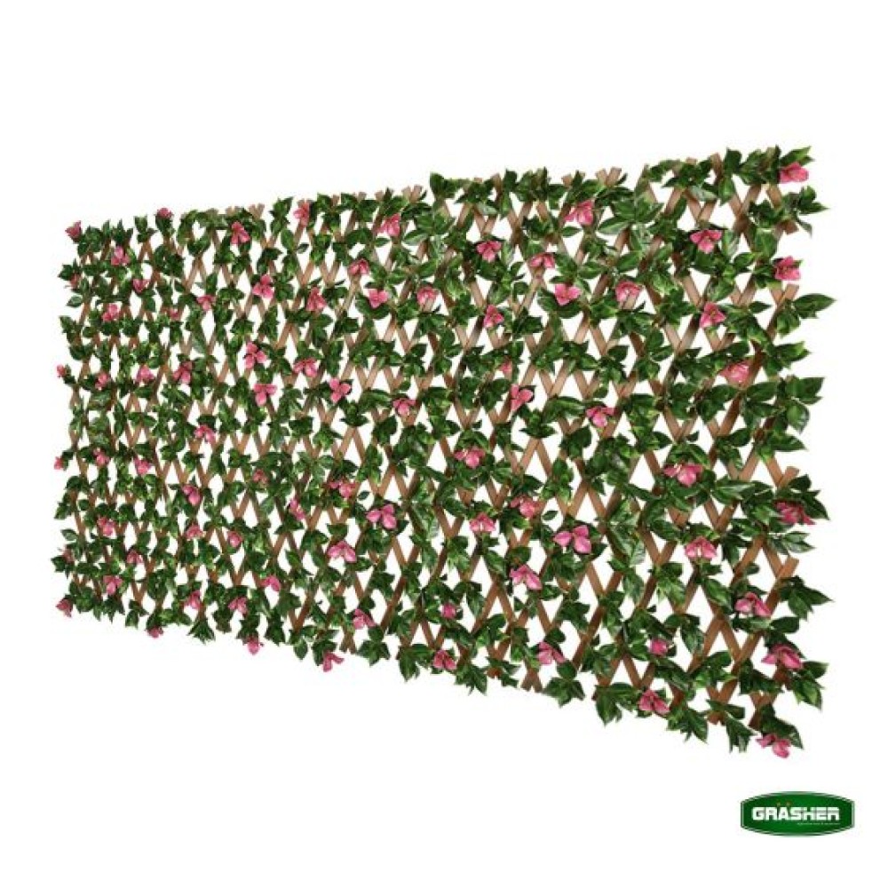 Green Synthetic Foliage with Pink Flowers PVC Trellis 0.90×1.80m Grasher