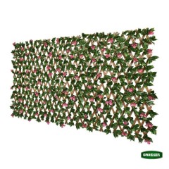 Green Synthetic Foliage with Pink Flowers PVC Trellis 0.90×1.80m Grasher
