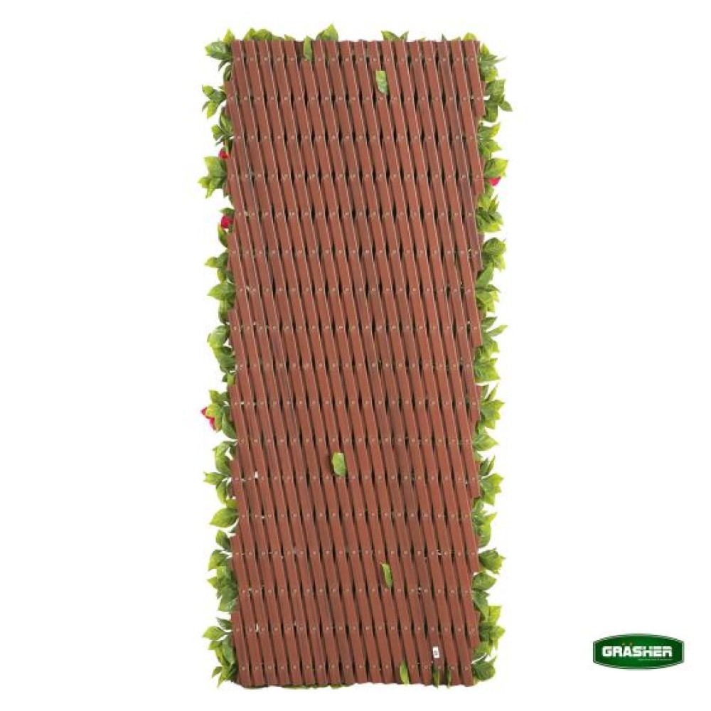 Green Synthetic Foliage with Pink Flowers PVC Trellis 0.90×1.80m Grasher