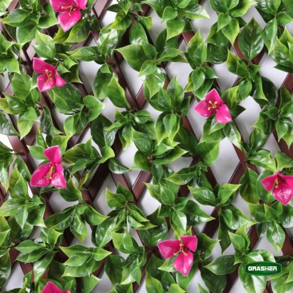 Green Synthetic Foliage with Pink Flowers PVC Trellis 0.90×1.80m Grasher
