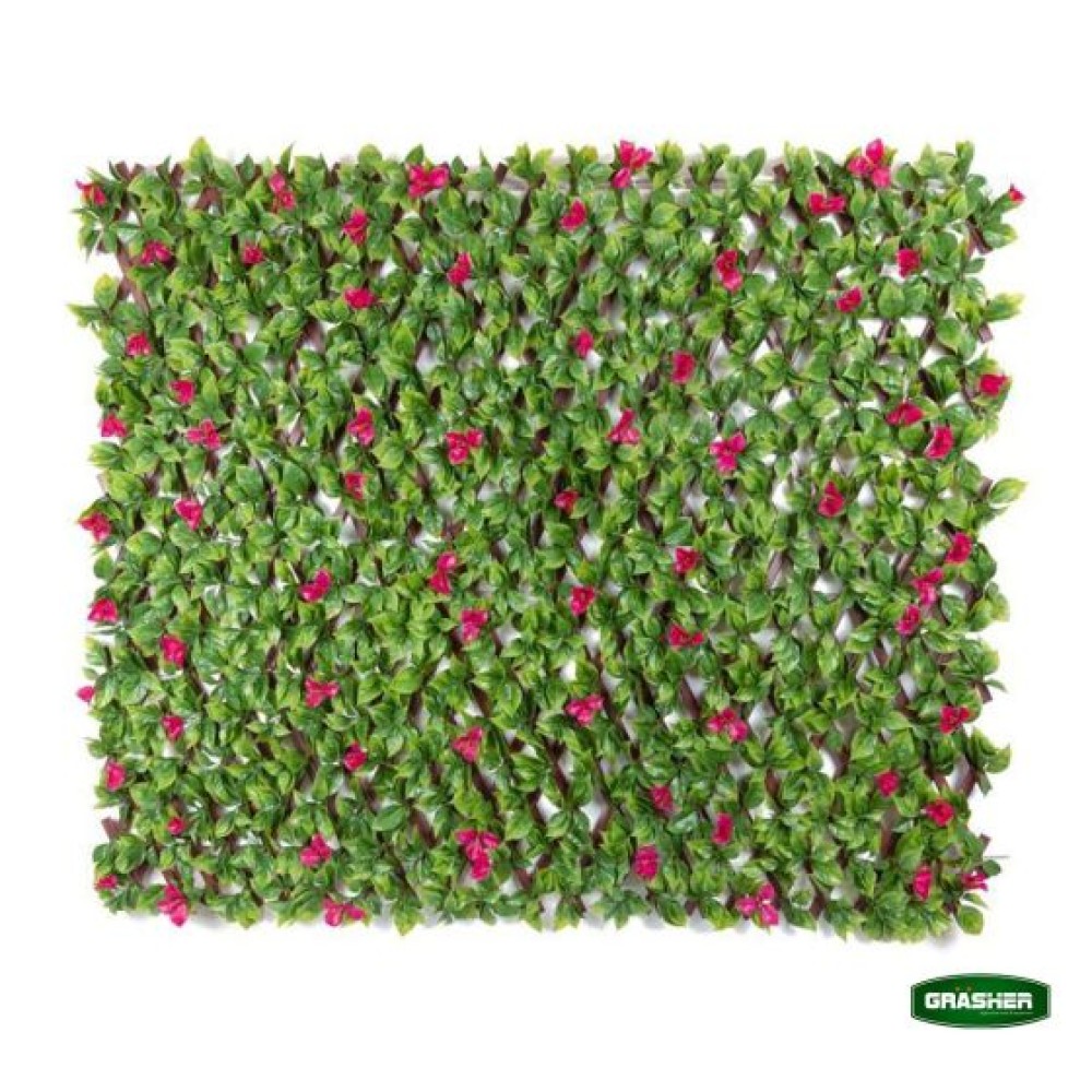 Green Synthetic Foliage with Pink Flowers PVC Trellis 0.90×1.80m Grasher