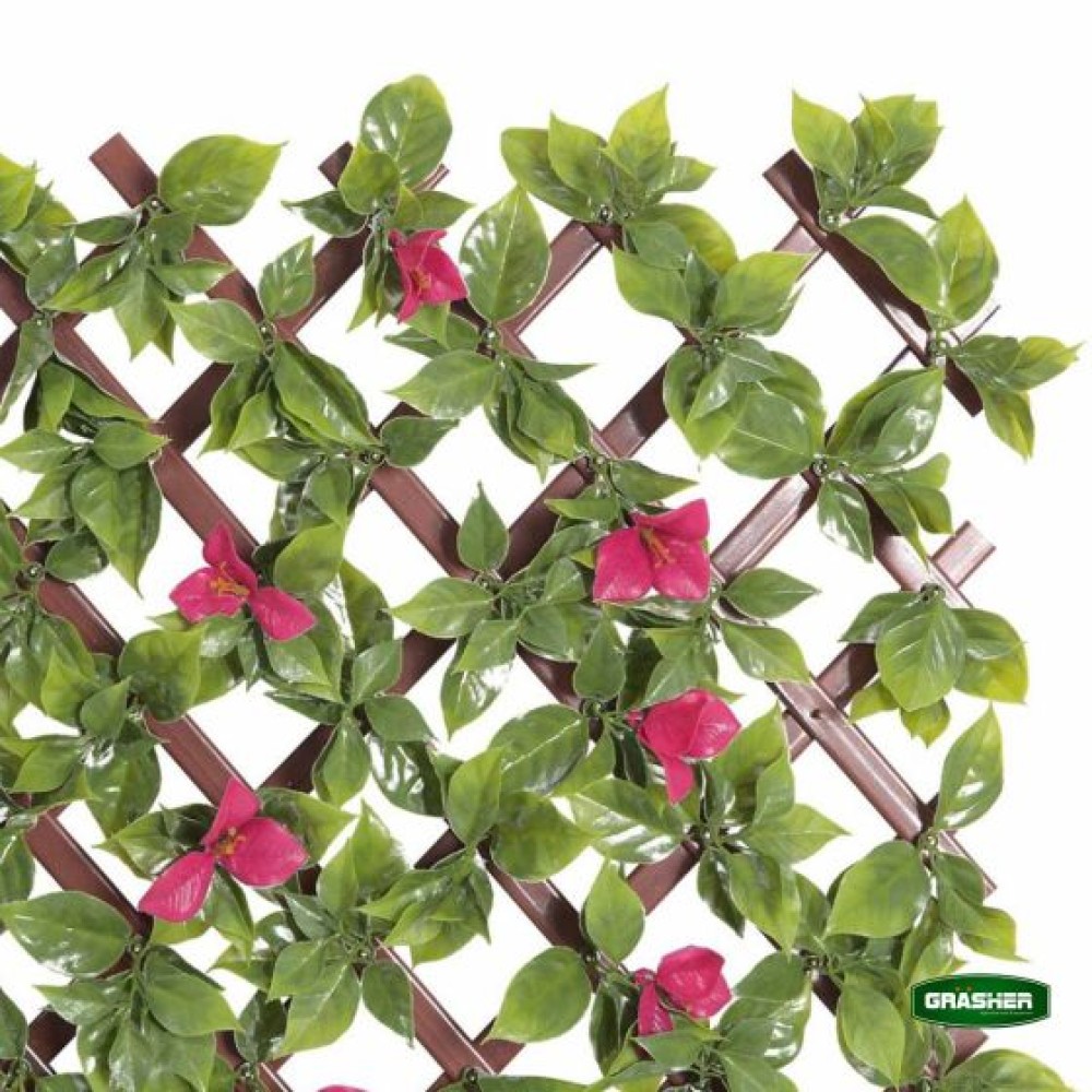 Green Synthetic Foliage with Pink Flowers PVC Trellis 0.90×1.80m Grasher