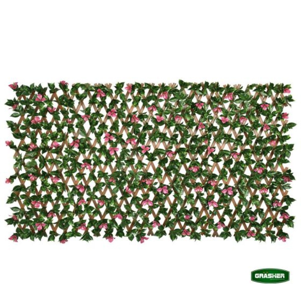 Green Synthetic Foliage with Pink Flowers PVC Trellis 0.90×1.80m Grasher