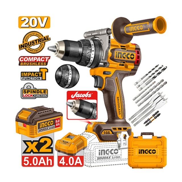 Cordless Compact Impact Drill Driver CIDLI201668E 20V Li-Ion 166Nm with Jacobs Chuck Ingco