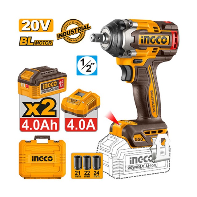 Μπουλονόκλειδο Κρουστικό Μπαταρίας CIWLI2055E 20V Li-Ion 550-700Nm με AI Ingco