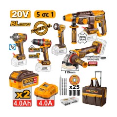 Σετ Εργαλεία Μπαταρίας Compact 20V Li-Ion 5τμχ - Δώρο Εργαλειοθήκη Ingco