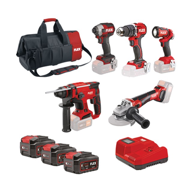 Σετ Κρουστικό Δραπανοκατσάβιδο - Παλμικό Κατσαβίδι - Περιστροφικό Πιστολέτο & Γωνιακός Τροχός Μπαταρίας Flex